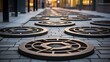 A geometric arrangement of circular manhole covers on an urban sidewalk