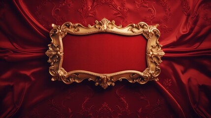 Wall Mural -  a gold frame sitting on top of a red velvet covered wall with a red velvet curtain behind it and a red velvet curtain behind it to the side of the frame.