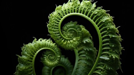 Sticker -  a close up of a green plant with a spiral design on it's leafy stem, with a black back ground and a black back ground behind it.