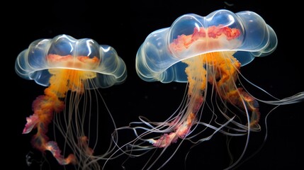  a close up of two jellyfish in the water with one jellyfish in the foreground and one jellyfish in the middle of the frame, on a black background.