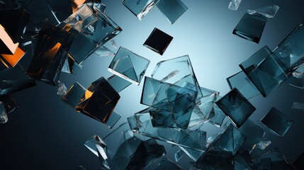 Poster -  a bunch of glass cubes floating in the air on a blue and black background with a black square in the middle of the image and a black square in the middle of the middle.