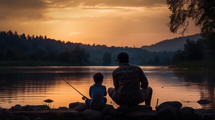 Wall Mural -  a man and a child sitting on a rock fishing on a lake at sunset with a mountain in the back ground and trees on the other side of the lake.