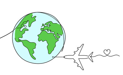 Wall Mural - Abstract color planet Earth with plane as line drawing on white