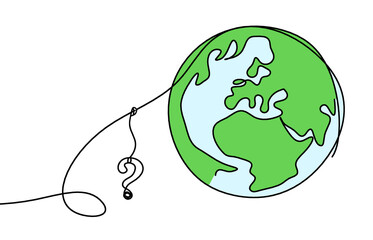 Wall Mural - Abstract color planet Earth with question mark as line drawing on white