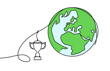 Wall Mural - Abstract color planet Earth with trophy as line drawing on white