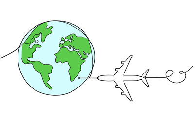 Wall Mural - Abstract color planet Earth with plane as line drawing on white