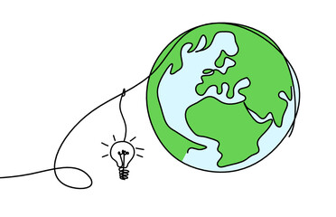 Wall Mural - Abstract color planet Earth with light bulb as line drawing on white