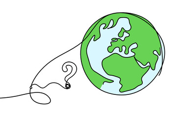 Wall Mural - Abstract color planet Earth with question mark as line drawing on white