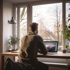 Wall Mural - Man is working at laptop, in modern apartment at desk near window with scenic nature view. Remote work from home, telecommuting, freelance.