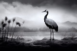 Fototapeta  - Crane bird in misty waterscape with mountain silhouette background