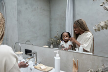 Caring Mom Teaching Her Kid To Brush Teeth, Close Up Photo. Daily Routine, Motherhood, Childhood, Parenthood
