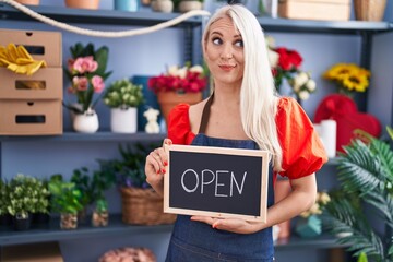 Wall Mural - Caucasian woman working at florist holding open sign smiling looking to the side and staring away thinking.