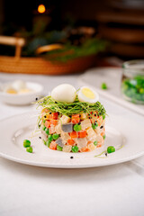 Wall Mural - salad of herring, carrots, green peas, green onions, eggs, minimalism, no people, close-up