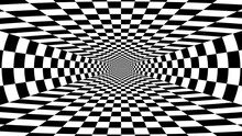 Animated Black And White Pattern With Tunnel. Abstract Chessboard And Checkered Spiral In Perspective. Contrasty Optical Psychedelic Illusion. Loop Seamless Stock Footage. 3D Graphic