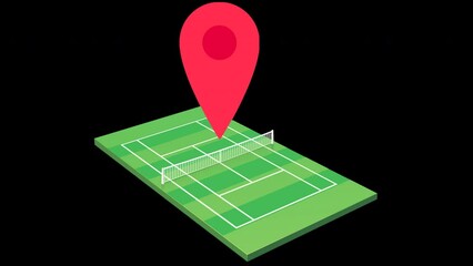 Animation of a map marker jumping in a loop on a lawn tennis court indicating the geographic position of the court on a green background with transparency and alpha channel