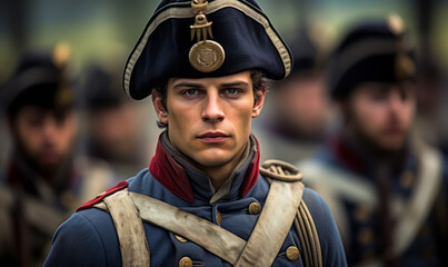 Solemn soldier in historical military uniform with regiment insignia, representing a young infantryman from the era of muskets and line battles