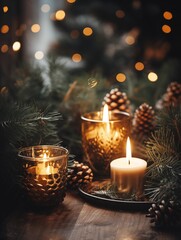 Wall Mural - Cozy winter home decor arrangement with burning candles, holiday room interior decorations in black and gold colors