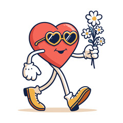 Vintage retro red heart mascot in heartshaped sunglasses and holding bouquet of flowers. Love, st valentines day holiday, gift card, romantic. Groovy vintage walking character with face. 