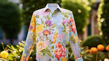 Wall Mural - Show me a vibrant spring shirt with colorful floral patterns in a garden setting.
