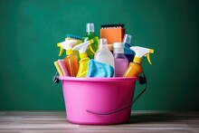 Assortment Of Cleaning Products Gathered In Bucket Highquality Photo