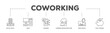 Coworking infographic icon flow process which consists of office space, desk, sharing, common infrastructure, freelancer, and cost savings icon live stroke and easy to edit 