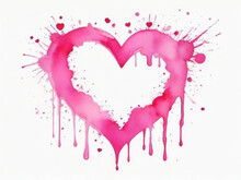 Cute Watercolor Pink Heart Shaped Frame Isolated On White Background. Bright Colorful Element, Drips And Splashes Of Paint, Love And Romance.