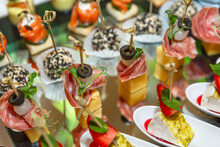 Delicious Canapés At The Buffet Table. Catering For Events And Celebrations. Close-up.