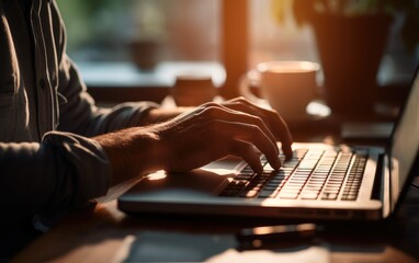 A focused freelance writer typing with coffee by their side in a home office