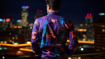 Poster - Depict a retro-inspired spring shirt with a bold, psychedelic print in a neon-lit cityscape.