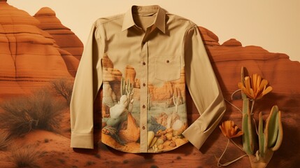 Poster - Feature a bohemian-inspired spring shirt with earthy tones in a desert oasis.