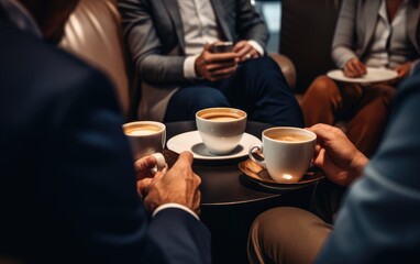 Group of colleagues relaxing having a coffee break in a modern office lounge