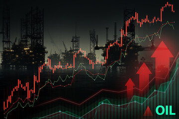 Silhouette of oil rigs with rising stock market graphs and arrows indicating growth