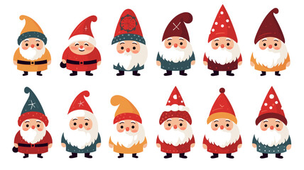 simple vector illustration set, isolated on a white background, Free vector hand drawn flat christmas gnomes collection. Vector element for christmas card, christmas invitation.