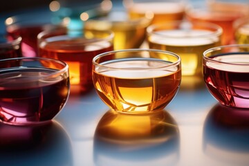 Wall Mural - A close-up view of various cups of tea placed on a table. Perfect for illustrating a cozy tea time setting or capturing the essence of a cafe or restaurant ambiance.