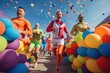 A group of people running down a street with colorful balloons in the air. 
