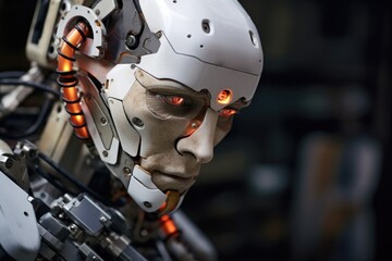 Poster - a close-up view of a robot's head with mesmerizing glowing eyes. perfect for futuristic and technolo