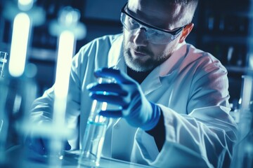 Poster - A man in a lab coat and goggles is holding a beaker. This image can be used to depict scientific research, experimentation, or laboratory work