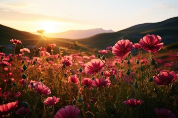 Wall Mural - A beautiful field of pink flowers with the sun setting in the background. Perfect for nature lovers and floral enthusiasts.