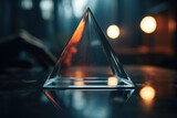 Fototapeta  - A glass pyramid is placed on a table with a blurry background. This image can be used to represent concepts such as mystery, elegance, and modernity in various design projects