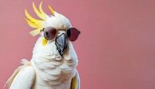 Closeup Of White Cockatoo Parrot Wearing Sunglasses Domestic Pet Bird Animal Solid Pink Pastel Background Tropical Summer Vacation Concept Web Banner Funny Birthday Party Card Invitation
