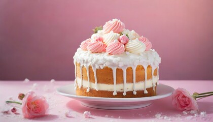 Wall Mural - delicious cake with frosting over pink pastel background