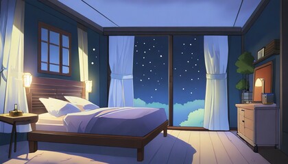 Wall Mural - bedroom during night anime style background