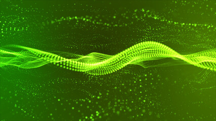 Aufkleber - Flowing green dots and particles on deep blue background. Abstract digital particle and dots wave light abstract background, animation cyber or technology background. 3d abstract animation