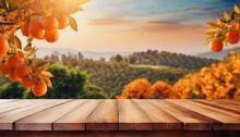 Backdrop Orange Landscape Empty Wood Table With Free Space Above Orange Trees Product Display Montage Generative Ai