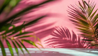 Wall Mural - blurred shadow of tropical palm leaves on pink wall background summer concept