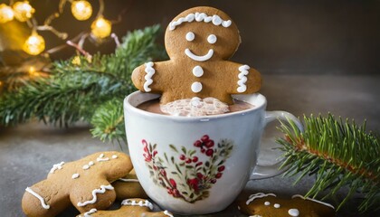 Wall Mural - gingerbread man in a cup of hot chocolate or cocoa ai generated