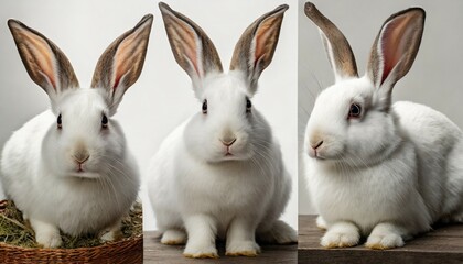 Wall Mural - collection of three white rabbits portrait sitting animal bundle on a white background as