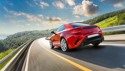 red business car on high speed in turn super car rushing along a high speed highway with motion speed in sunny day digital ai