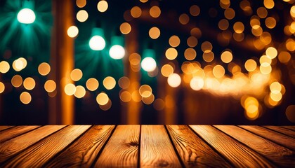 Wall Mural - wooden table blurred bokeh background background neon light night view close up the general background of the interior a dark background