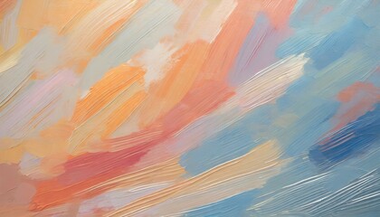 Sticker - delicate palette of light orange red blue pastel colors close up of strokes of thick paint on canvas trendy wallpaper presentation or banner backdrop generative ai illustration